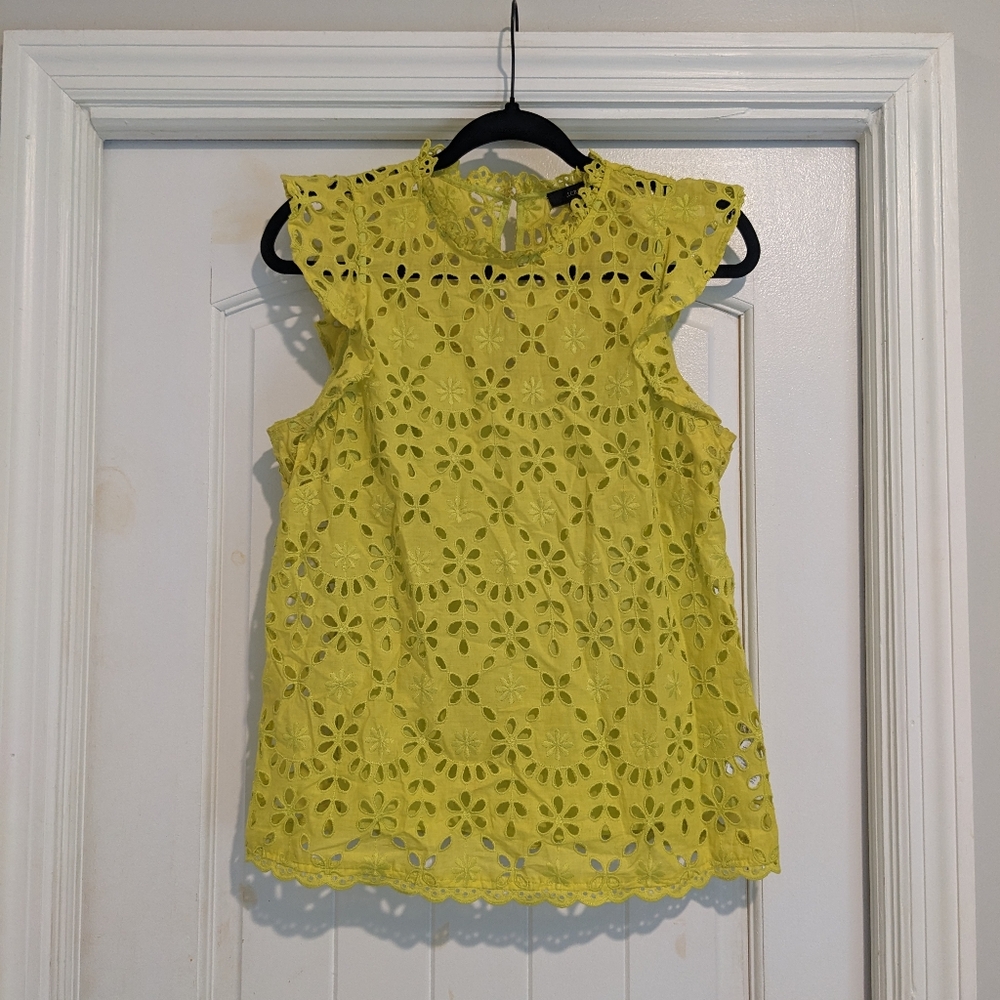 J. Crew Chartreuse Eyelet Ruffled Sleeveless Blouse SzS